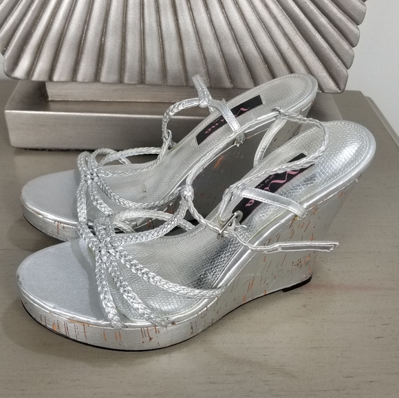 Shoes - SILVER CORK STRAPPY WEDGE SANDALS SIZE 6